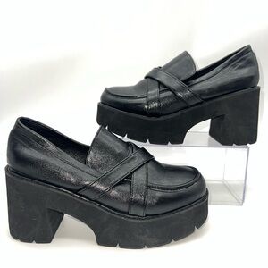Black Platform Loafers Vegan Leather w/Cross Strap Details-Size 8